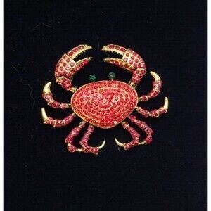 Large Red Crab Rhinestone Brooch 2.5" Wide X 2" Long